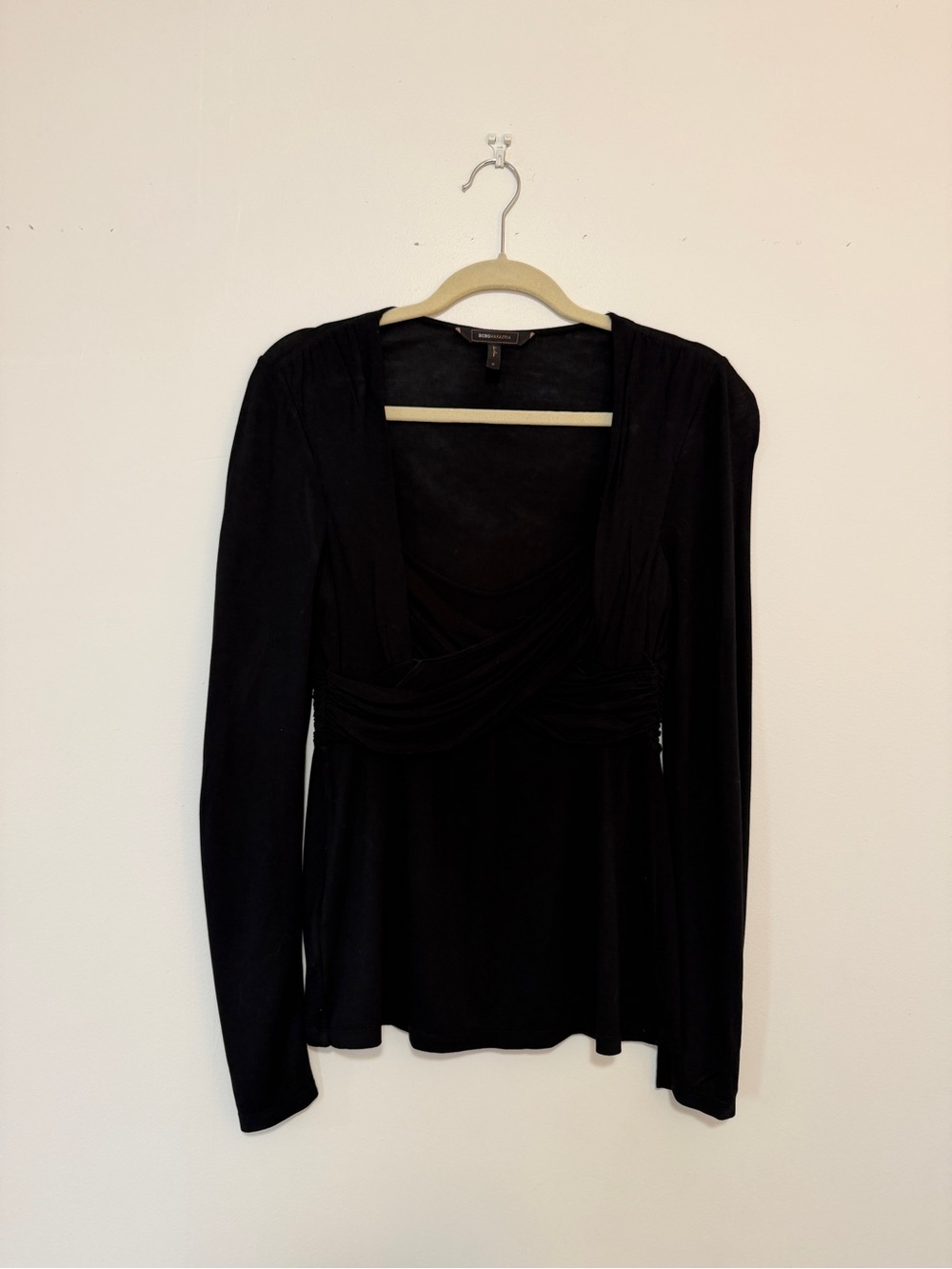 BCBGMAXAZRIA Black Crossover Draped Front Long Sleeve Top